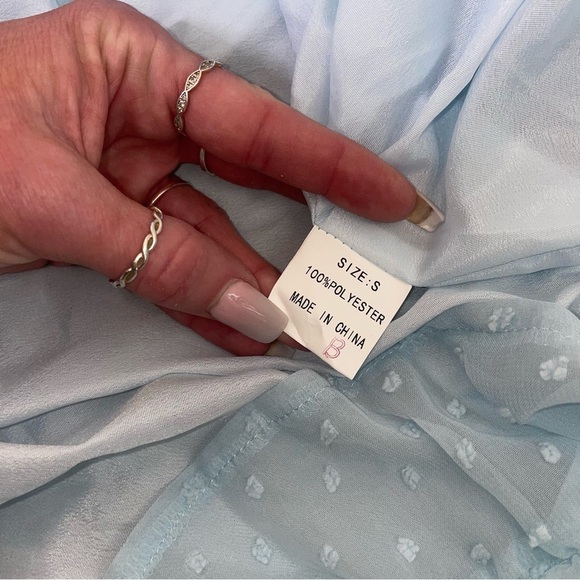 Dress swiss dot baby blue long puff sleeve tiered lined elastic waist SZ SM mini - Picture 8 of 9